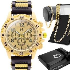 Relogio Dourado Aço Inox + Grumet Cordao + Pulseira Social Masculino Robusto Ponteiro Casual Pesado