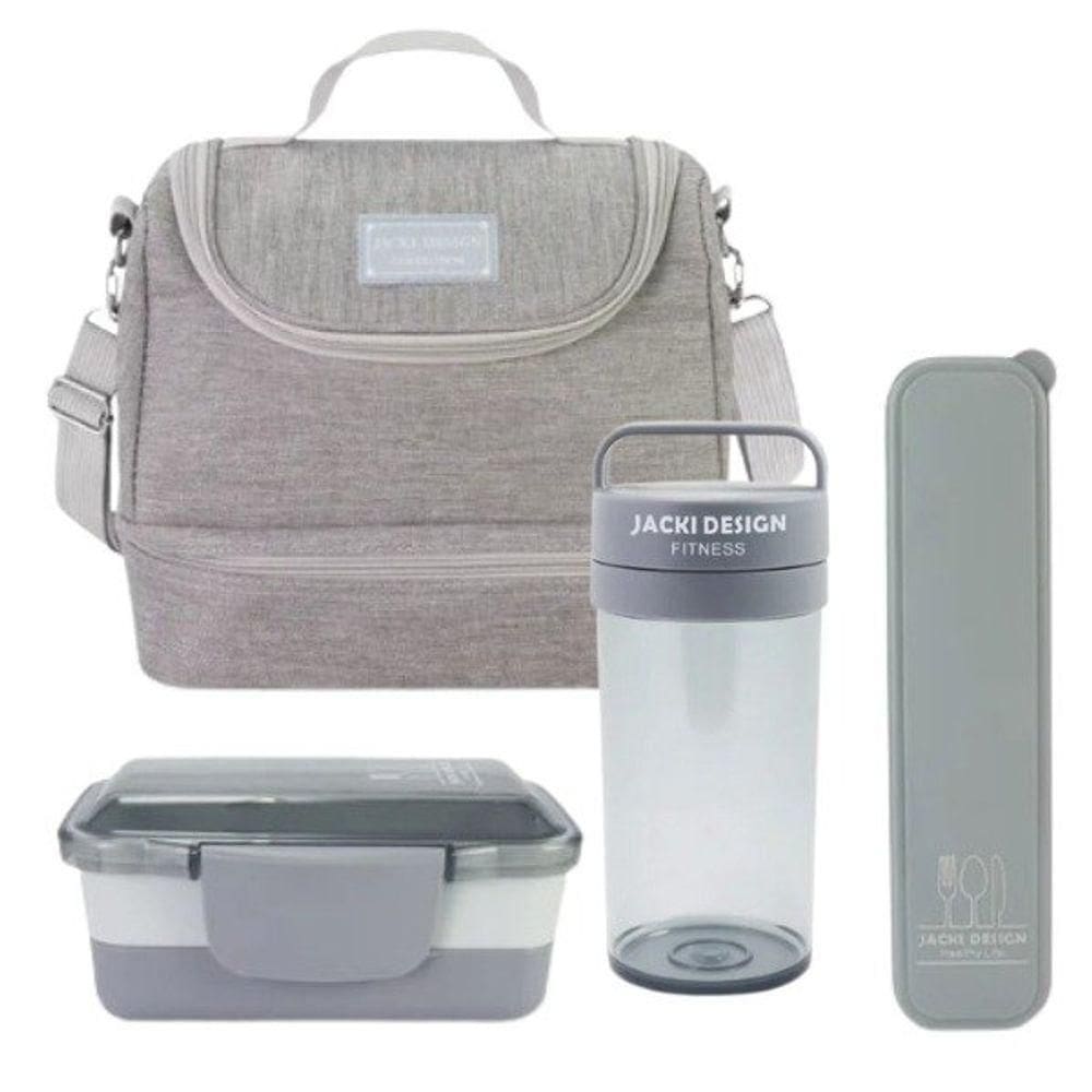 Kit Bolsa Térmica Pote Marmita 950ml Garrafa 550ml E Porta Talheres Joy Cinza