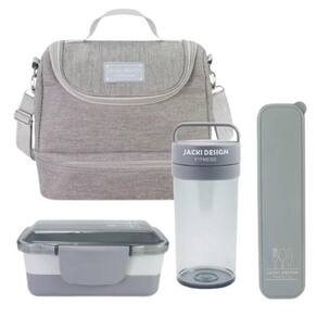 Kit Bolsa Térmica Pote Marmita 950ml Garrafa 550ml E Porta Talheres Joy Cinza