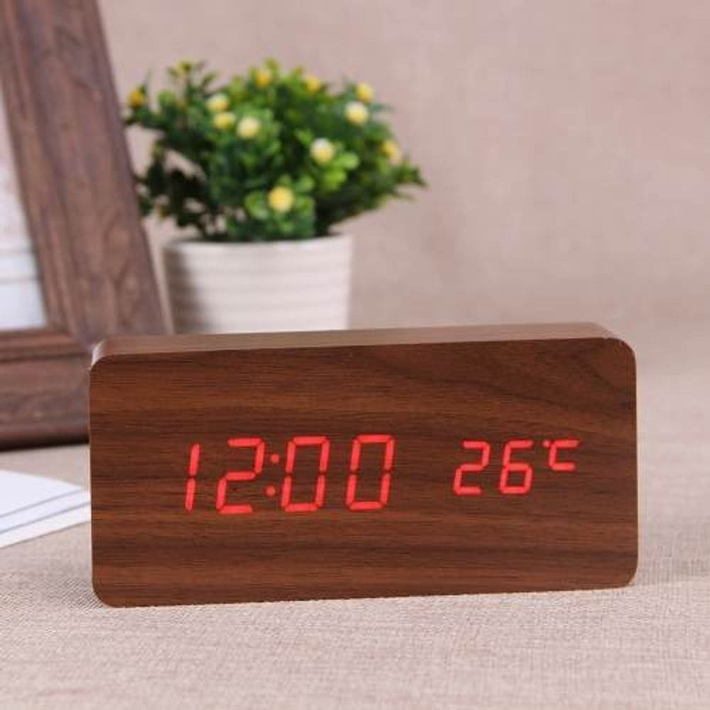 Relogio Despertador Mesa Digital Madeira Com Sound Control Cor:Mogno