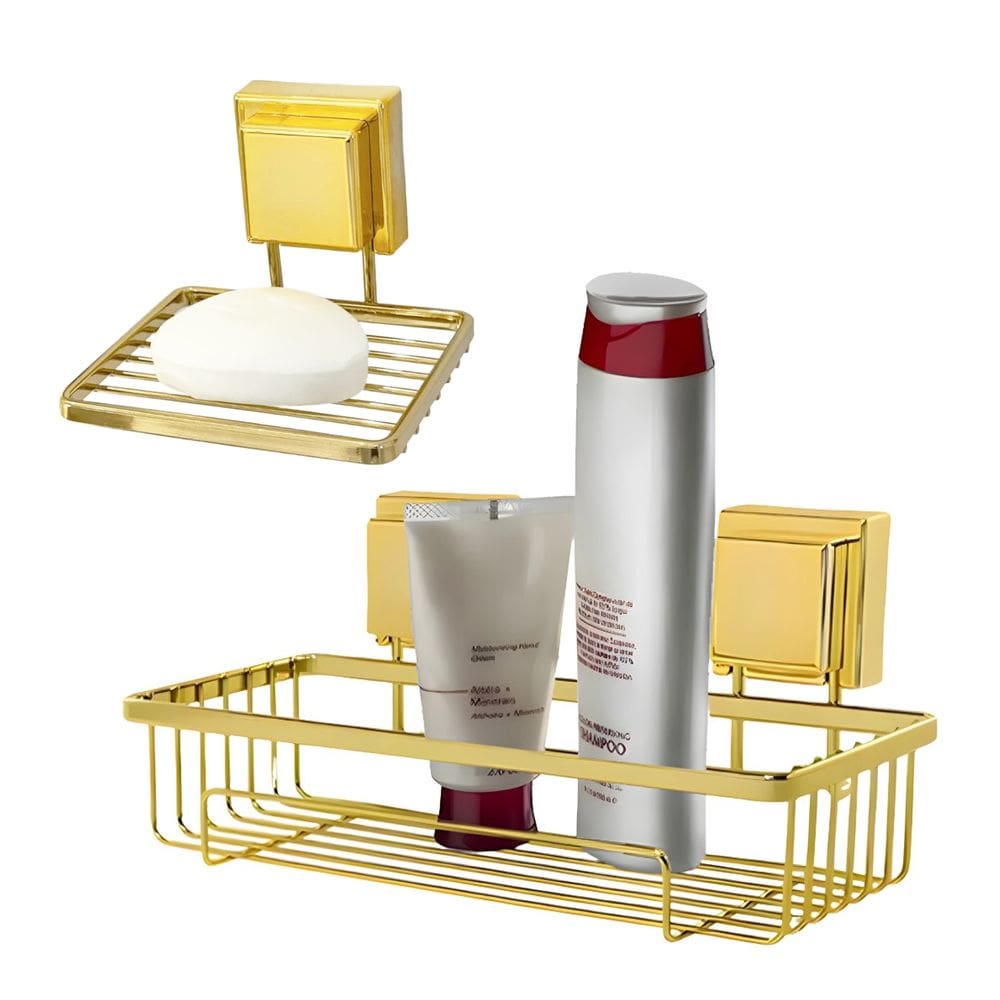 Kit Banheiro Suporte Porta Shampoo Saboneteira Ventosa Dourado - Future