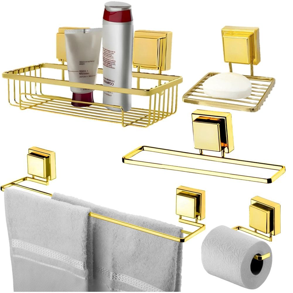 Kit Banheiro Suporte Porta Shampoo Papel Higiênico Saboneteira Toalheiros Ventosa Dourado - Future