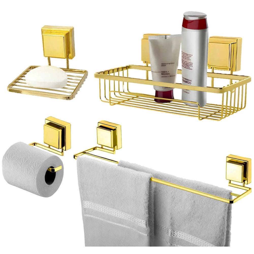 Kit Banheiro Suporte Porta Shampoo Papel Higiênico Saboneteira Toalheiro 45cm Ventosa Dourado - Future