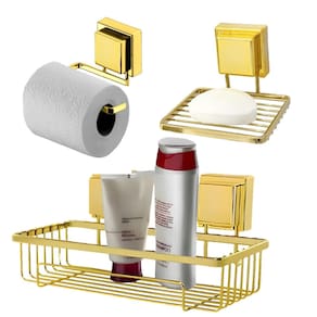 Kit Banheiro Suporte Porta Shampoo Papel Higiênico Saboneteira Ventosa Dourado - Future