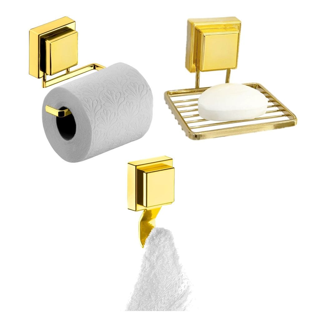 Kit Banheiro Porta Papel Higiênico Saboneteira Gancho Multiuso Ventosa Dourado - Future
