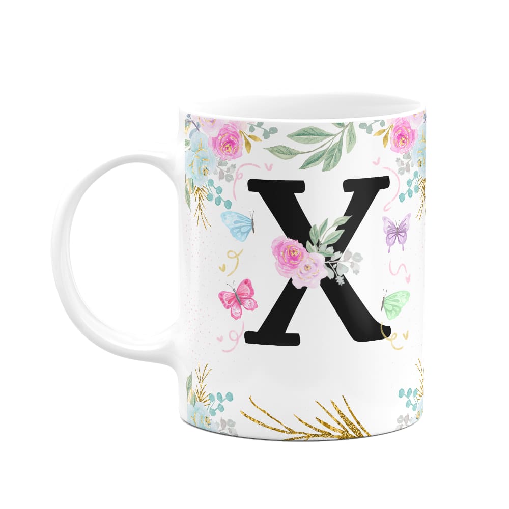 Caneca Floral - Inicial do nome letra X - 325ml