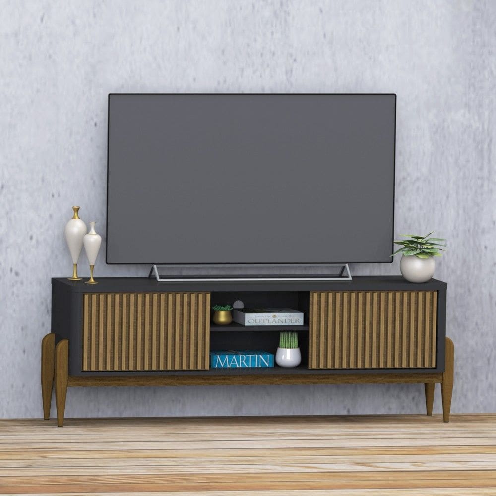 Rack Sereno para Tv até 55 polegadas com Ripado 2 Portas de Correr 160cm Pés em Madeira Maciça - Olivar Móveis