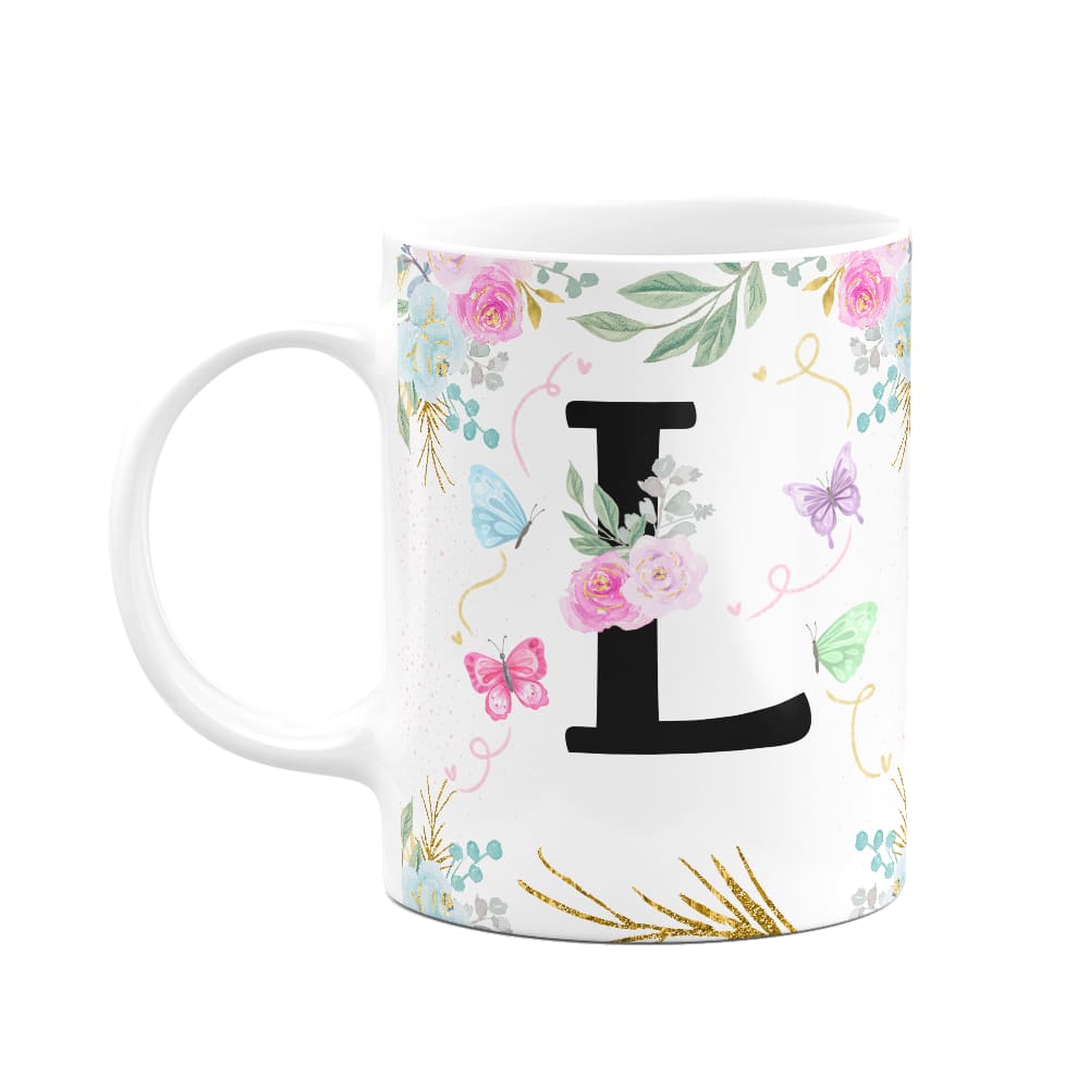 Caneca Floral - Inicial do nome letra L - 325ml
