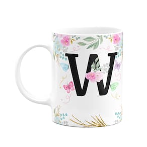 Caneca Floral - Inicial do nome letra W - 325ml
