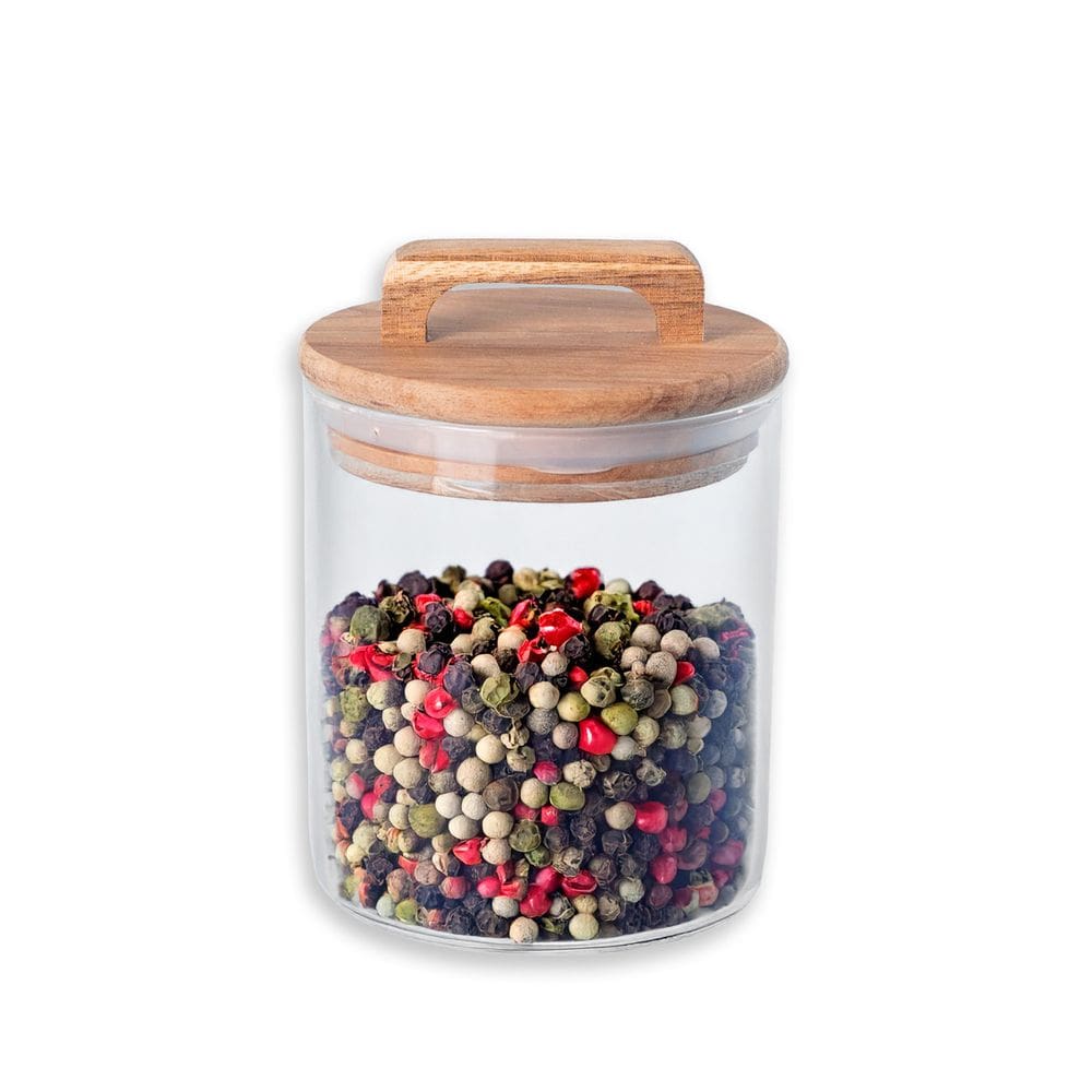 pote de vidro 650ml com tampa de madeira acácia com alça redondo - Oikos