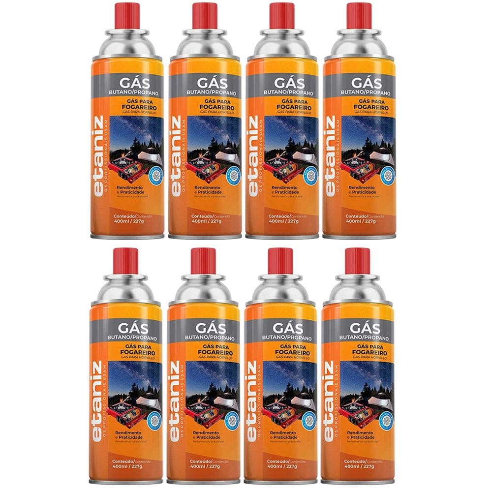 Kit 8 Refil Gás Fogareiro Etaniz 400ml 227g Butano Portátil Camping Churrasco Cozinha Maçaricos