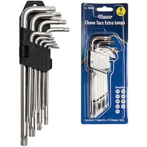 Jogo Chave Torx Longa 9 Peças Furo Guia + Suporte Prata 350g