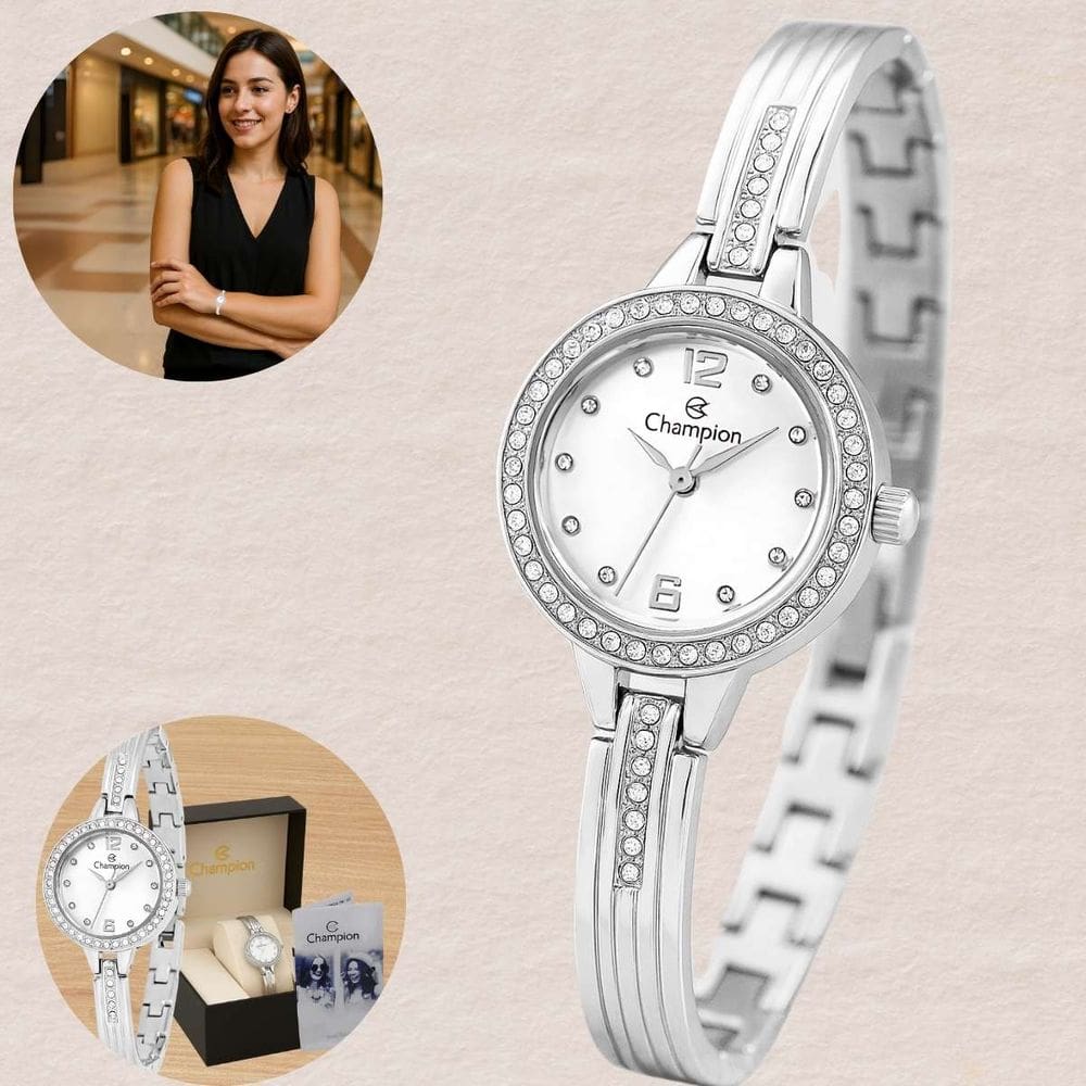 Relógio Champion Cristais Feminino Elegante Analógico Resistente água 3ATM Social Fashion Prateado CF24331Q
