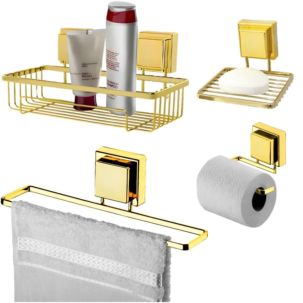 Kit Banheiro Suporte Porta Shampoo Papel Higiênico Saboneteira Toalheiro 25cm Ventosa Dourado - Future
