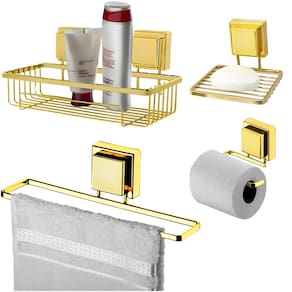 Kit Banheiro Suporte Porta Shampoo Papel Higiênico Saboneteira Toalheiro 25cm Ventosa Dourado - Future