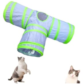 Brinquedo Túnel T Para Gatos Com 3 Saidas Cinza Com Verde