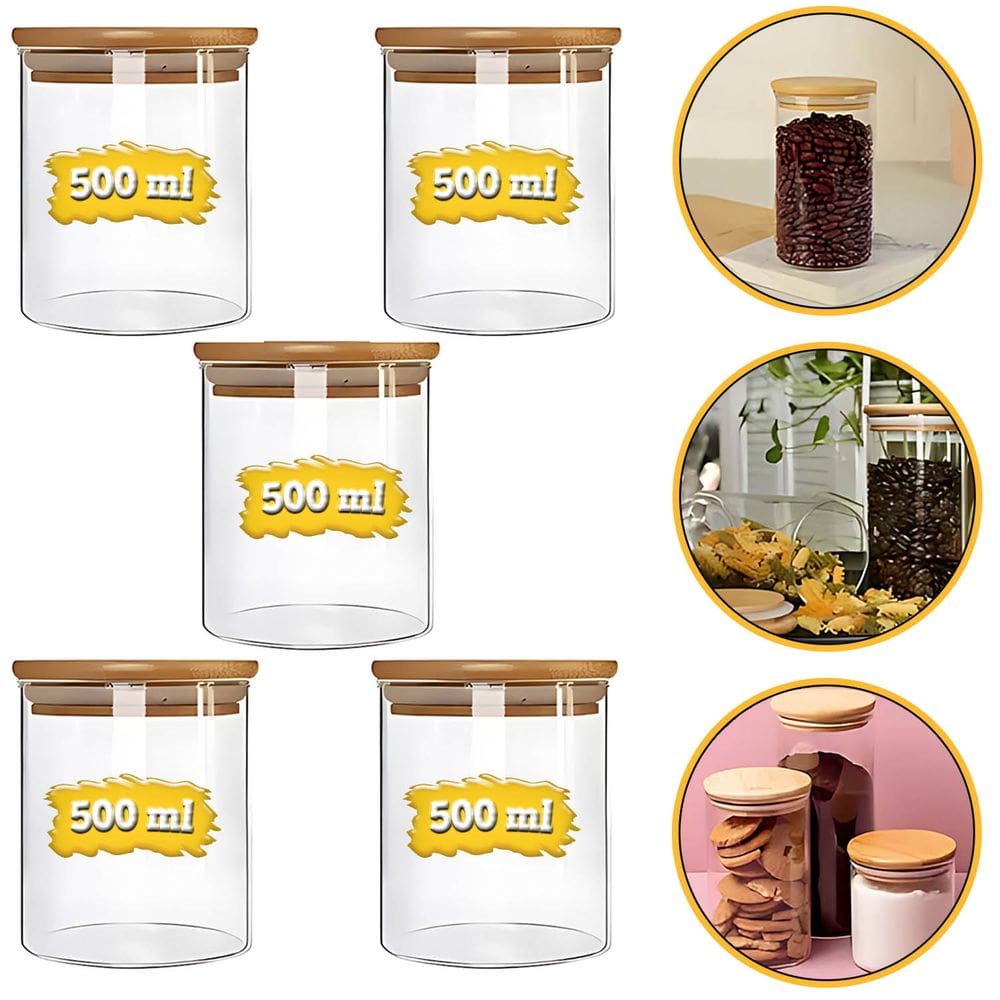 Kit 5 Potes De Vidro 500ml Frasco Hermético Condimentos Temperos Tampa De Bambu Natural