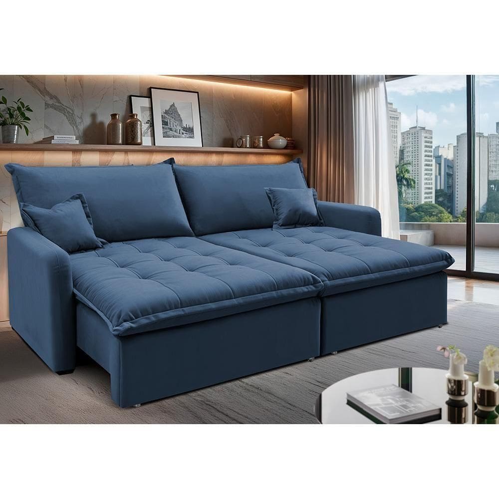 Sofá Sem Caixa Retrátil 2,00m Softgel Luna Velusoft Azul Cama Inbox