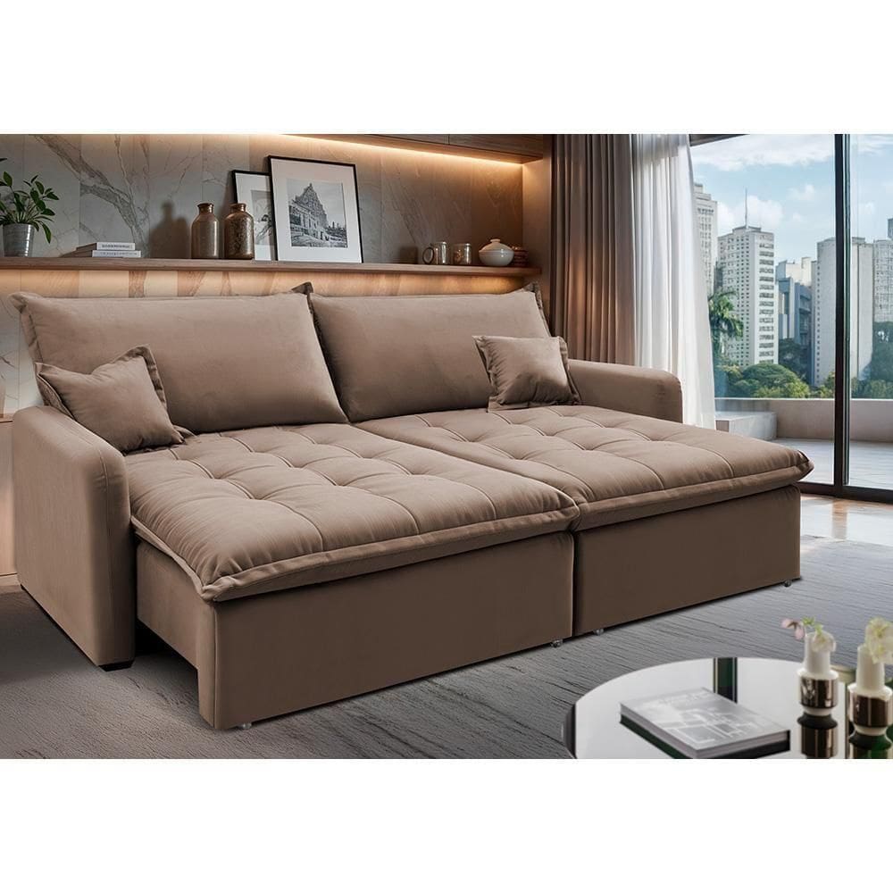 Sofá Sem Caixa Retrátil 2,00m Softgel Luna Velusoft Castor Cama Inbox