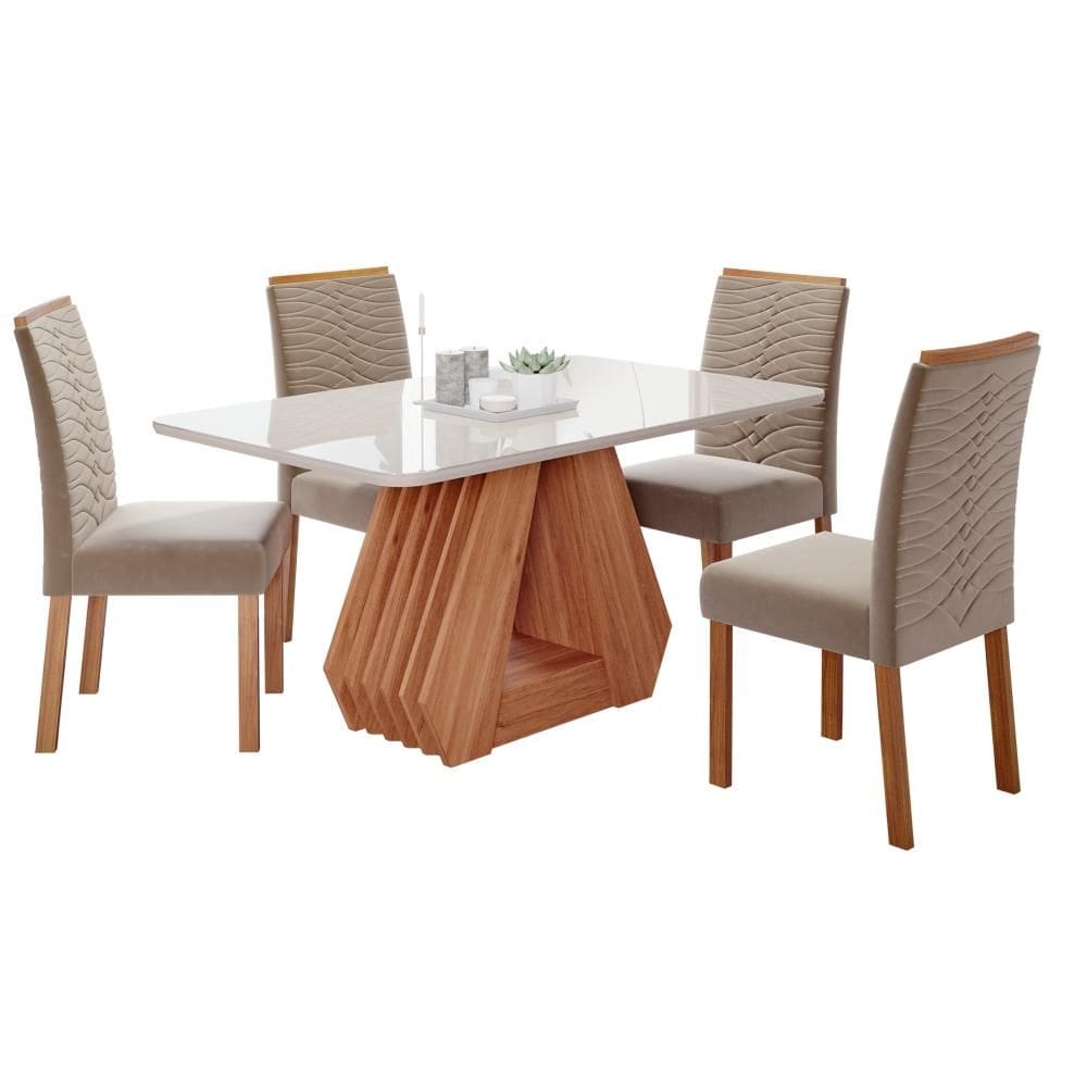 Conjunto Sala de Jantar Com Mesa Agata e 4 Cadeiras Clarice Nature/Off White/Joli Cimol Móveis
