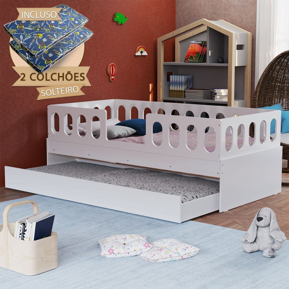 Cama Infantil Lara Solteiro com Cama Auxiliar e 2 Colchões Branco - Baby Mobília
