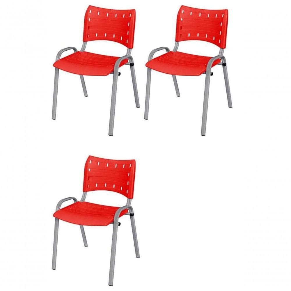Cadeira Iso Base Cinza, Igreja, Escola, Escritório - Vermelho Kit 3 Peças