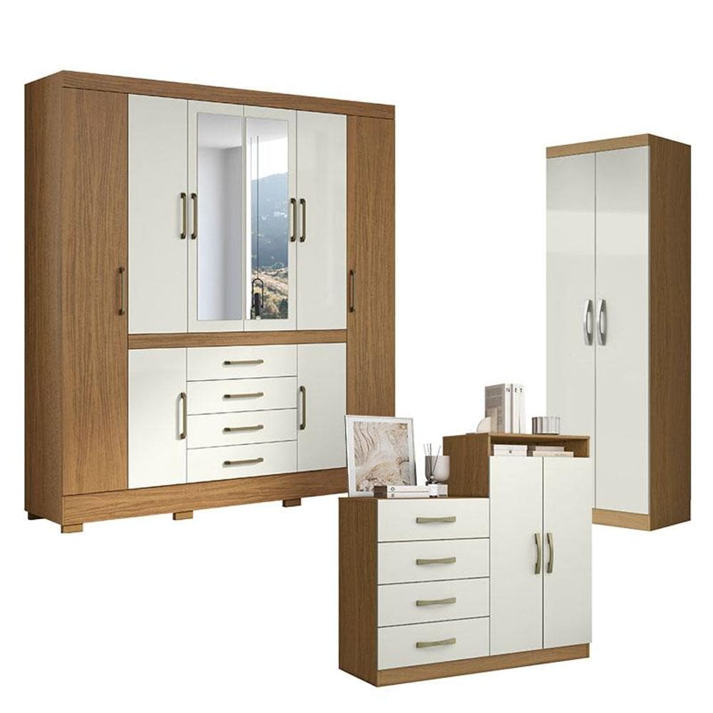 Guarda Roupa Casal Nápole 2045149 e Armário Multiuso New 2000192 e Cômoda Londres Atacama Off White - Aramóveis