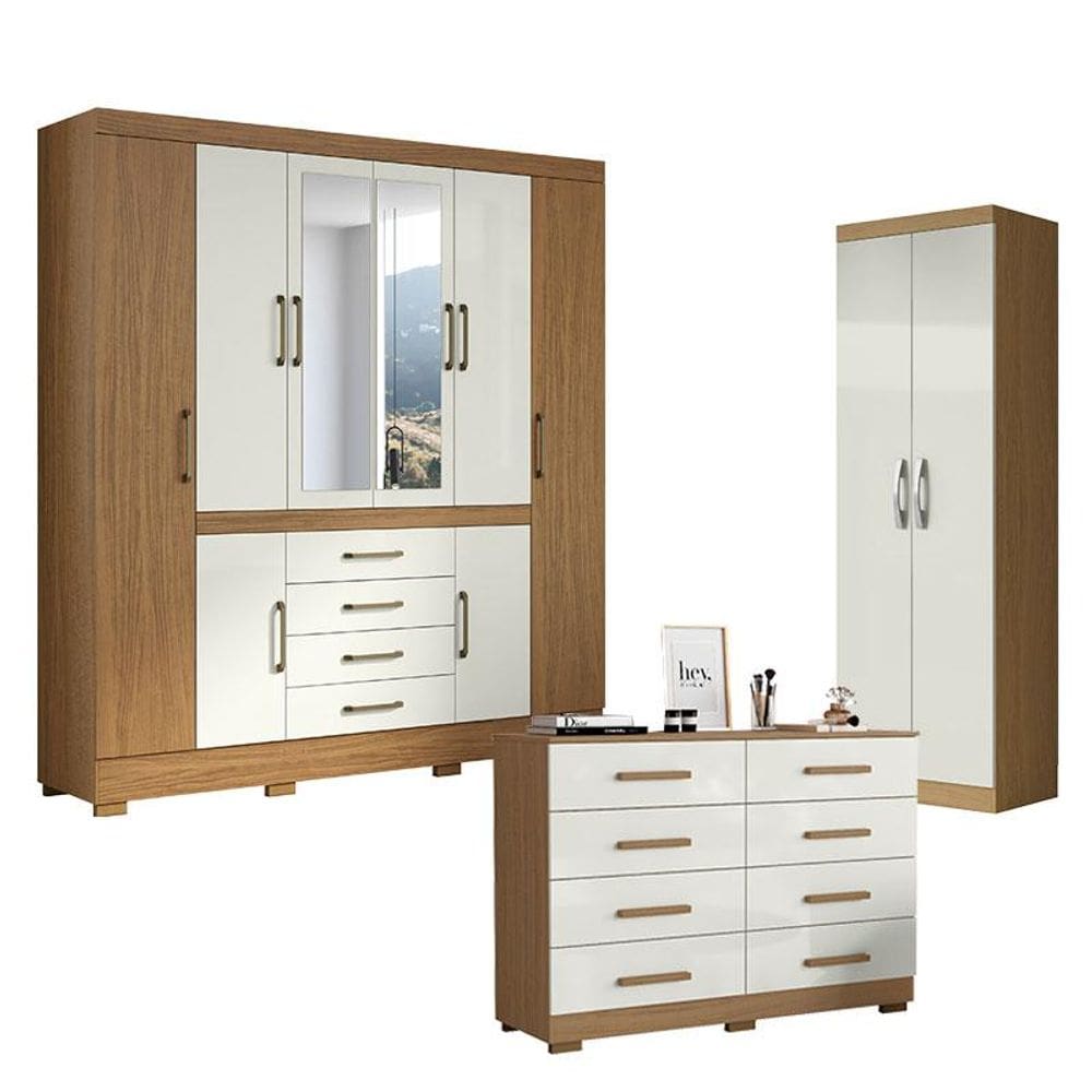 Guarda Roupa Casal Nápole 2045149 e Armário Multiuso New 2000192 e Cômoda 2014148 Atacama Off White - Aramóveis