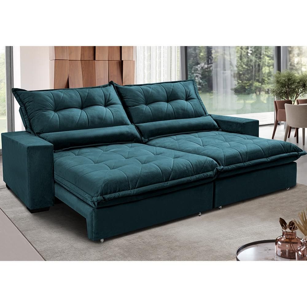 Sofa Retrátil e Reclinável 2,52m com Molas Ensacadas Cama inBox Soft Tecido Velusoft Petróleo