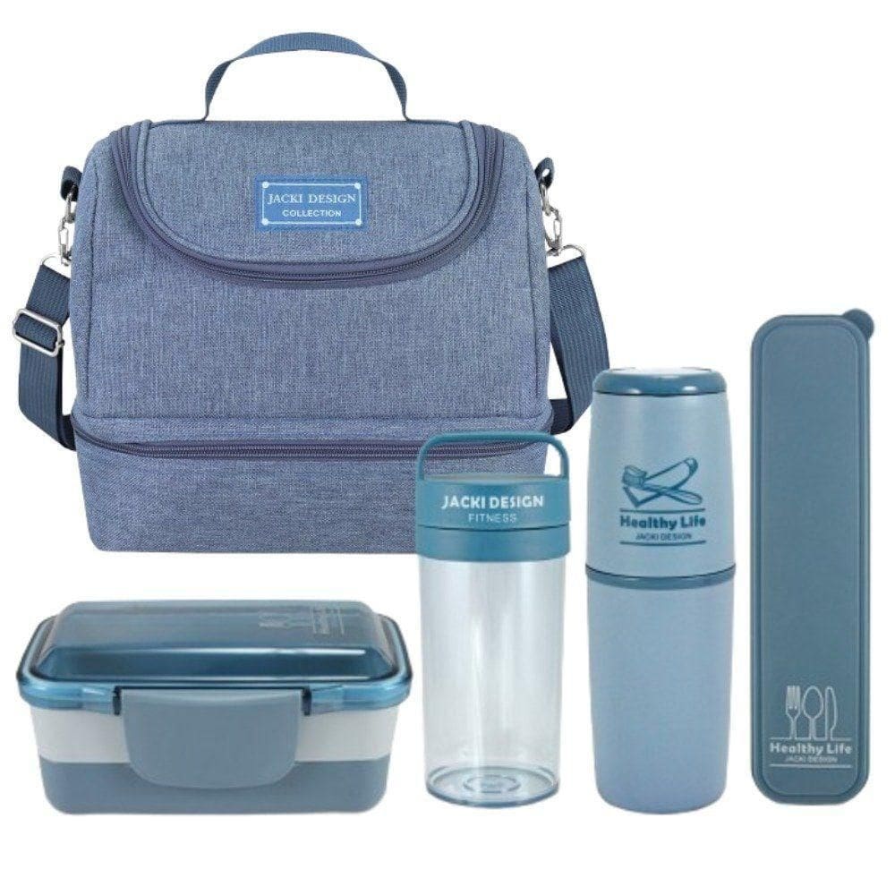 Conjunto De Bolsa Térmica Com 2 Compartimentos, Copo Térmico E Marmita, Porta Talher E Porta Escova Azul