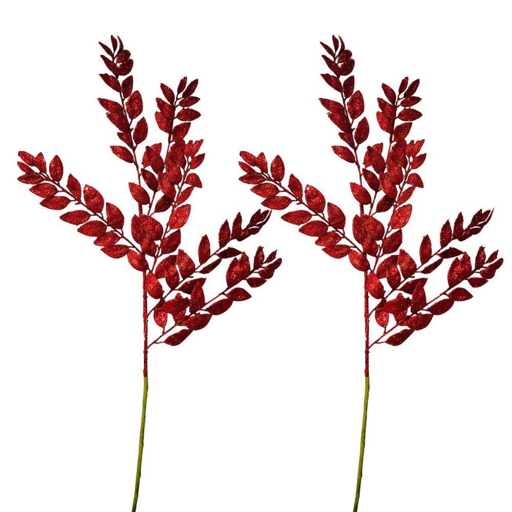 Kit 2 Galhos Haste Folhagem Natalina Decorativa Vermelha Glitter Brilhante 45cm - Bela Flor