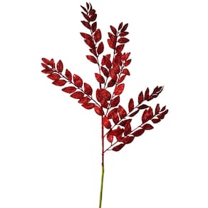 Galho Haste Folhagem Natalina Decorativa Vermelho Glitter Brilhante 45cm - Bela Flor