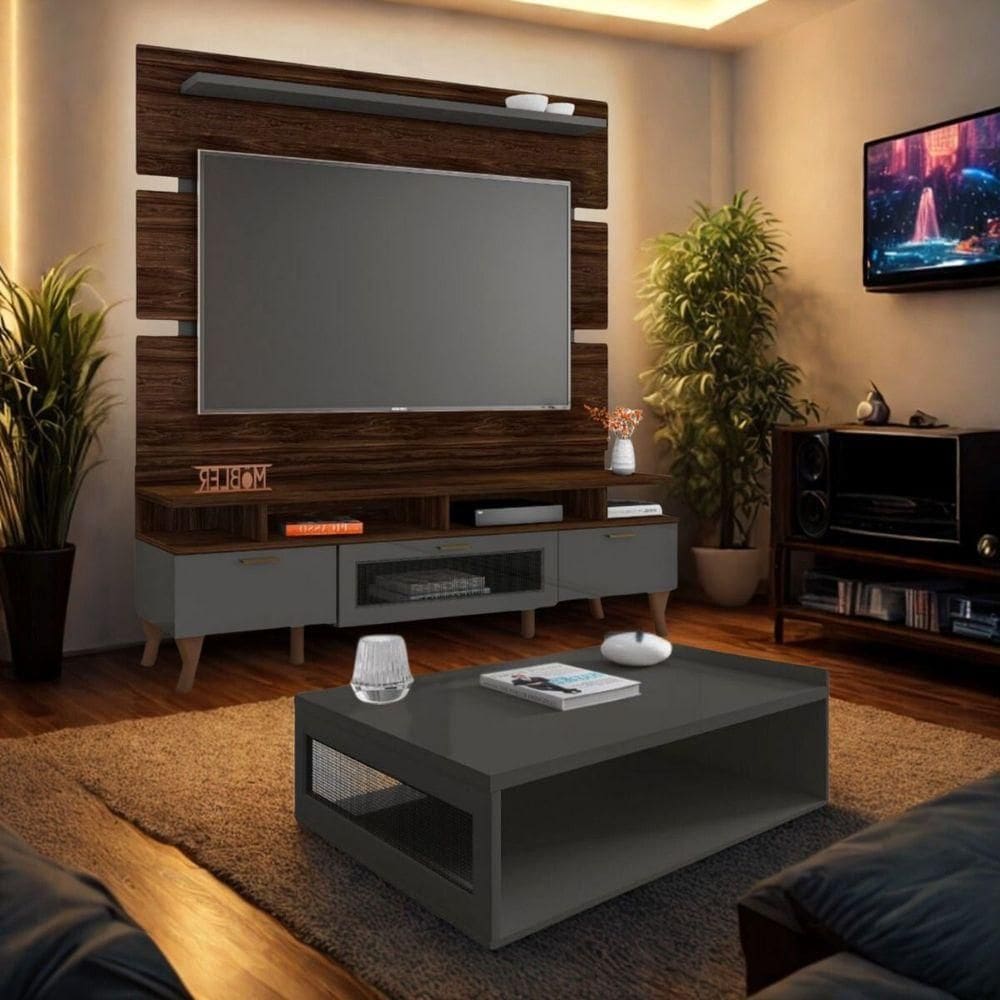 Rack Painel 160 Cm 65 Polegadas Liverpool Mesa De Centro Cor:marrom Palisandro/ Cinza Régio