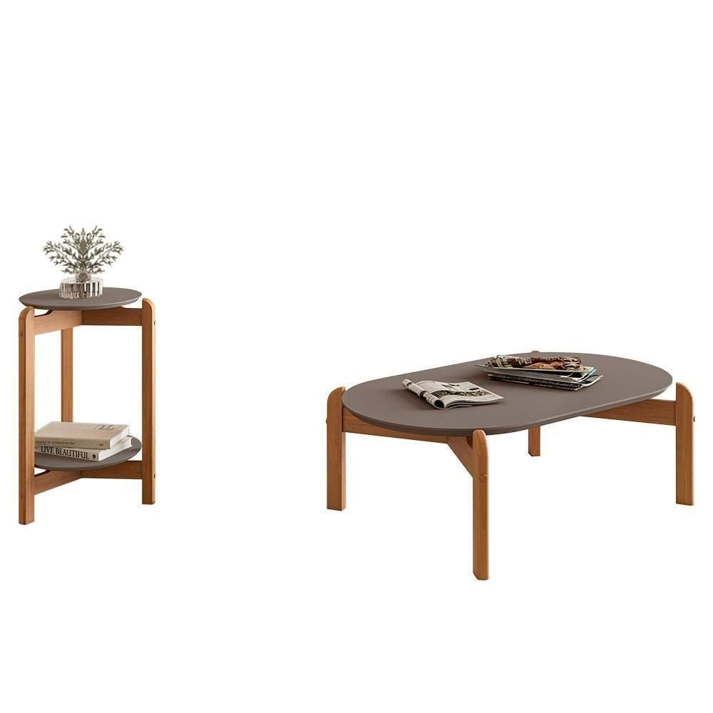Conjunto De Mesas Lizz Lateral Redonda E Oblonga Cinza Pérola-cedro - Casa D Cinza Pérola-cedro