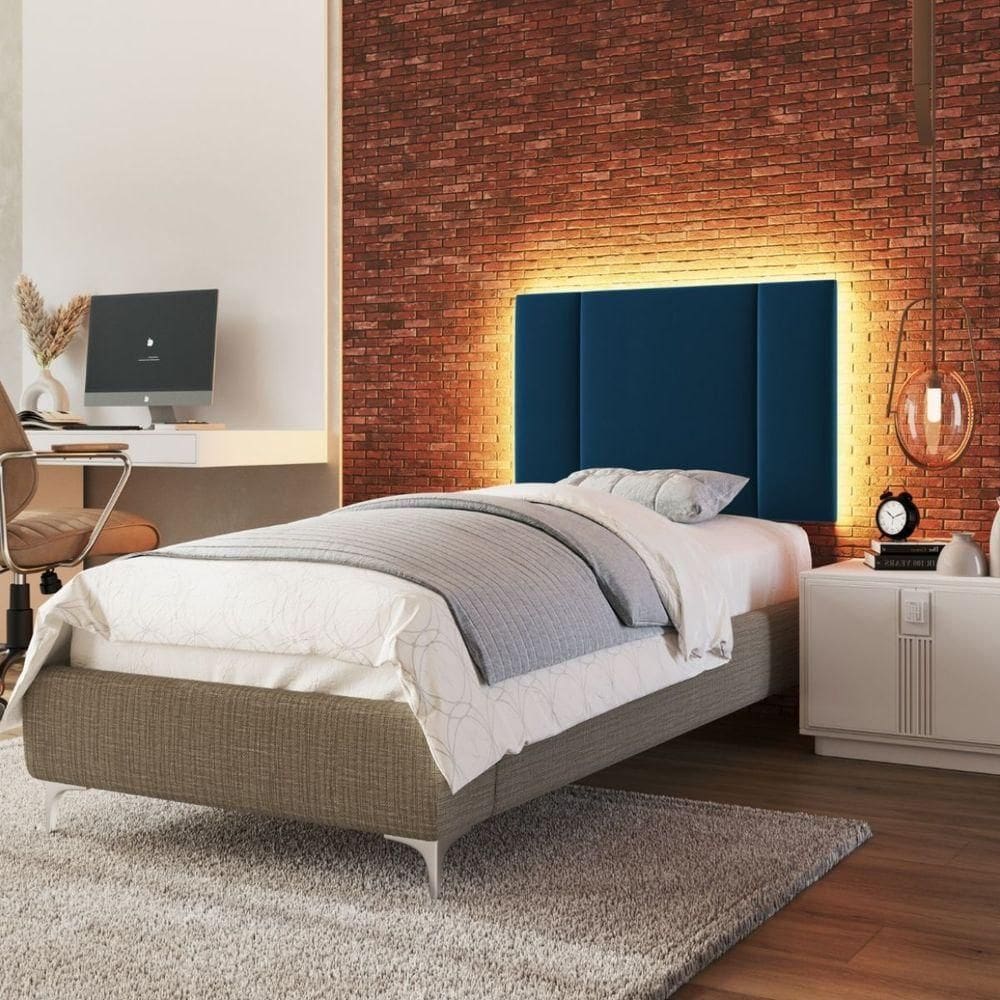 Cabeceira Estofada Cama Box Solteiro Com Led Star 90 Cm veludo Azul Marinho