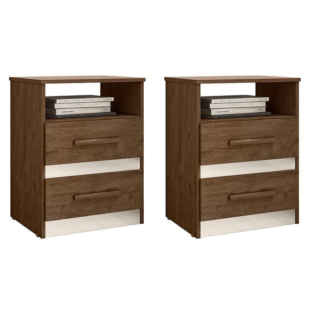 Kit 2 Mesas De Cabeceira Apolo 2 Gavetas Castanho Wood-off White - Moval Castanho Wood-off White