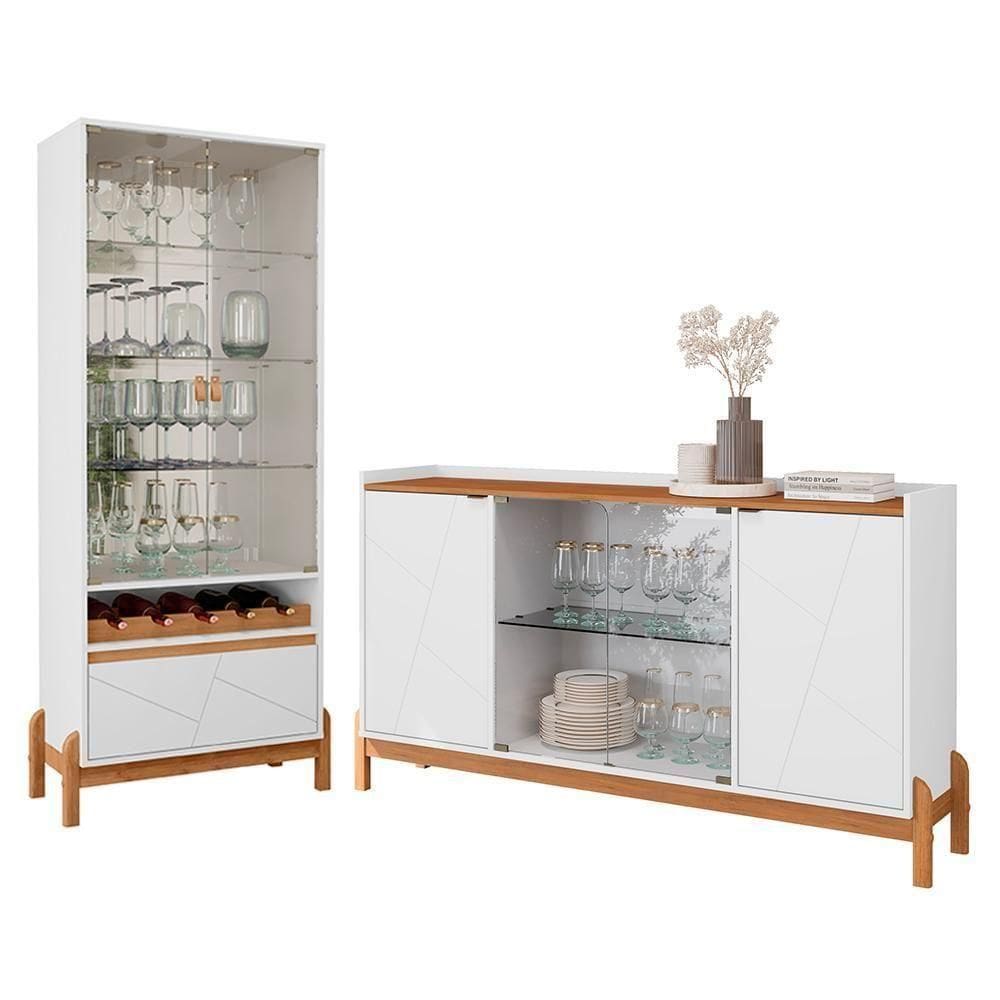 Sala De Jantar Bari Com Cristaleira E Buffet Aparador Branco-cedro - Casa D Branco-cedro