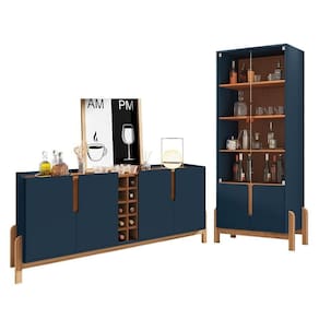 Sala De Jantar Lizz Com Cristaleira E Buffet Aparador Com Adega Azul Cobalto-cedro - Casa D Azul Cobalto-cedro