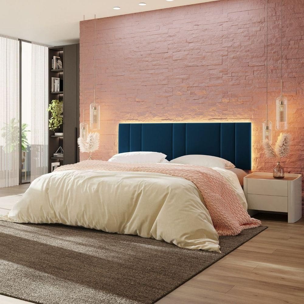 Cabeceira Estofada Cama Casal King Size Led Star 200 Cm Bivolt veludo Azul Marinho