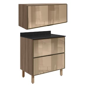 Armario Aereo E Balcao Em Vidro 1 Porta 2 Gavetas 80cm Mdf Kali Nicioli Carvalho Toq