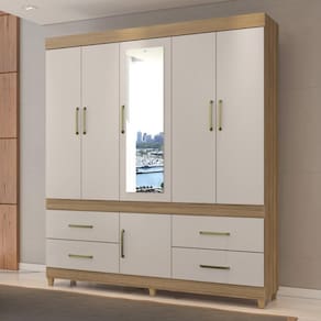 Guarda-roupa Casal Com Espelho 6 Portas 4 Gavetas 192cm Multimóveis Cr35285 Amêndola/off White