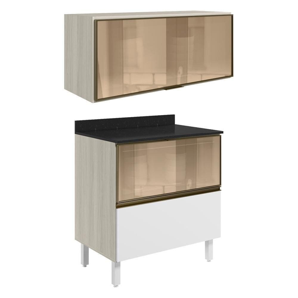 Armario Aereo E Balcao 1 Porta 2 Gavetas Vidro Mdf Kali Nicioli Bianco Toq Branco Uv