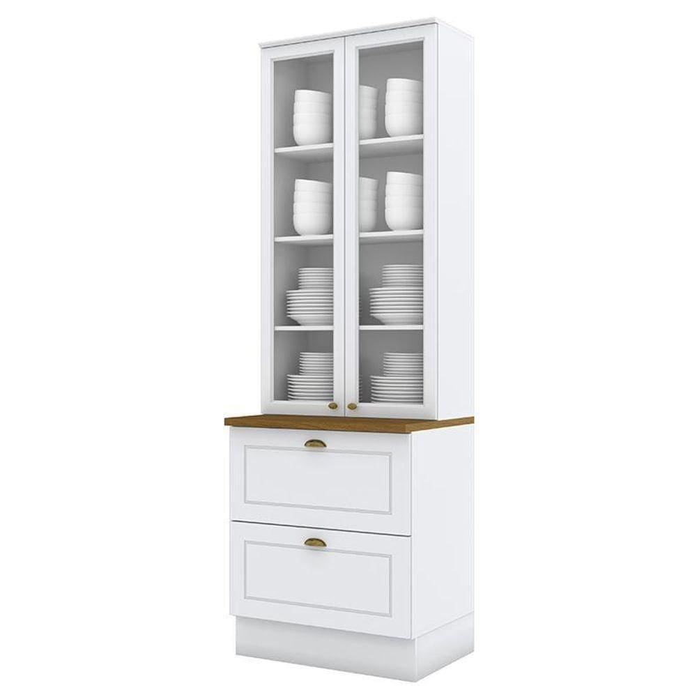 Cristaleira 2 Portas E 2 Gavetas Americana Branco Com Tampo Nature - Móveis Henn Branco-nature