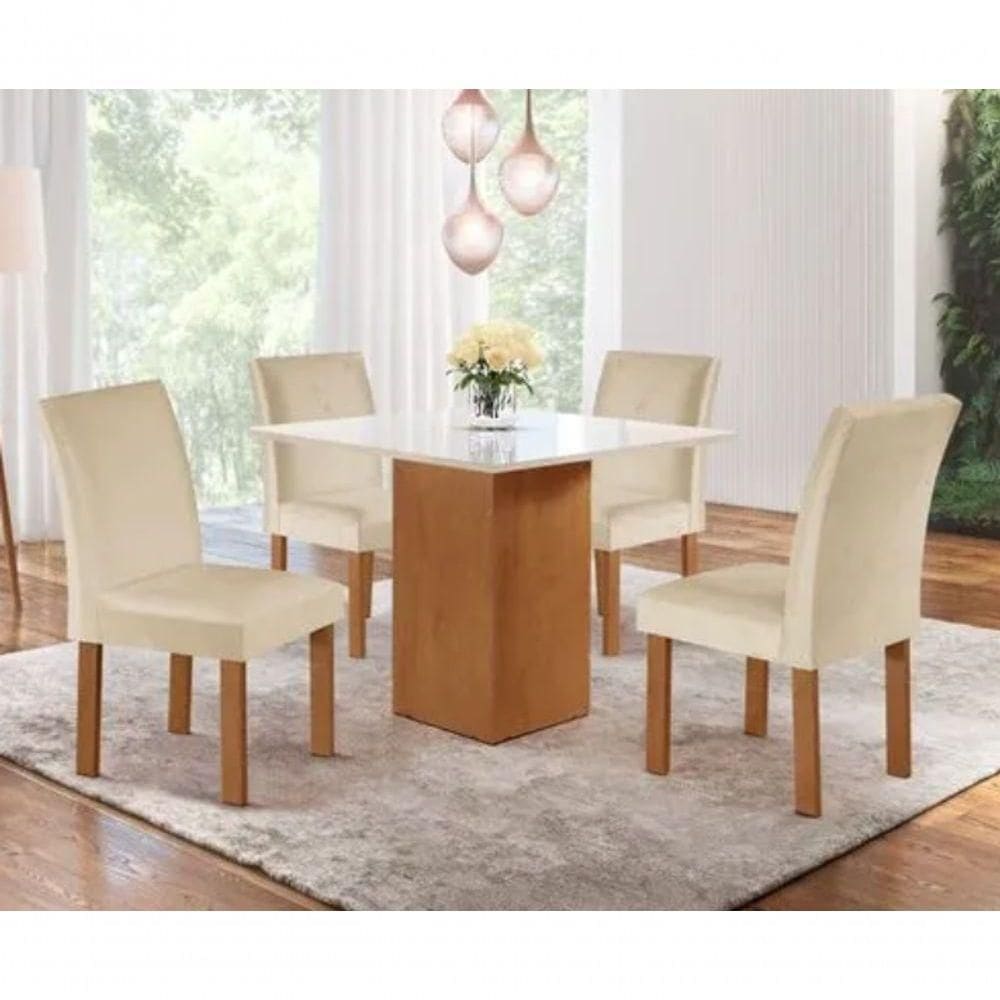 Conjunto De Mesa De Jantar Dakota 90x90cm Tampo De Vidro Com 4 Cadeiras Napoles Cel Móveis - Cinamomo/off