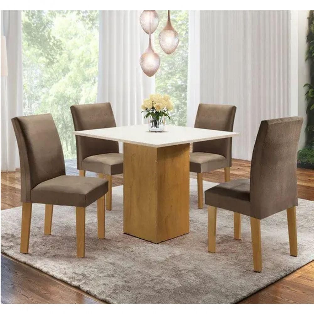 Conjunto De Mesa De Jantar Dakota 90x90cm Tampo De Vidro Com 4 Cadeiras Napoles Cel Móveis - Cinamomo/off