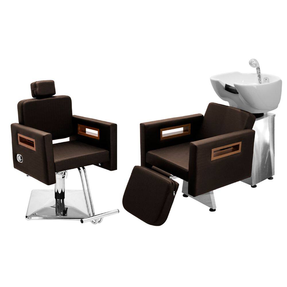 Kit Salão de Beleza 1 Cadeira Reclinável Quadrada + 1 Lavatório C/Ap Base Inox Tunísia