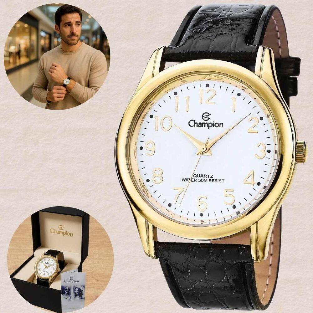 Relógio Champion Masculino Quartz Prova Dágua 50 Metros 5 ATM Pulseira Couro Casual Dourado CN20015B