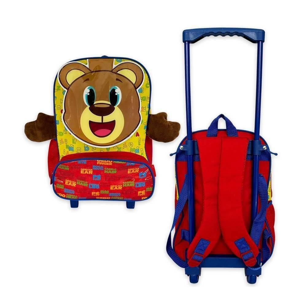 Mochila Infantil Escolar Ursinho Rodinha Amarela E Vermelha