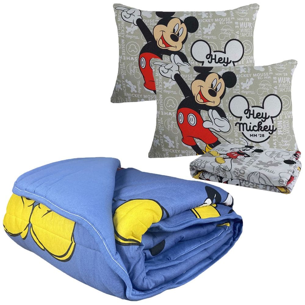 Kit Jogo De Cama Infantil Malha + Edredom Mickey Mouse Casal Disney 4 Peças Portallar
