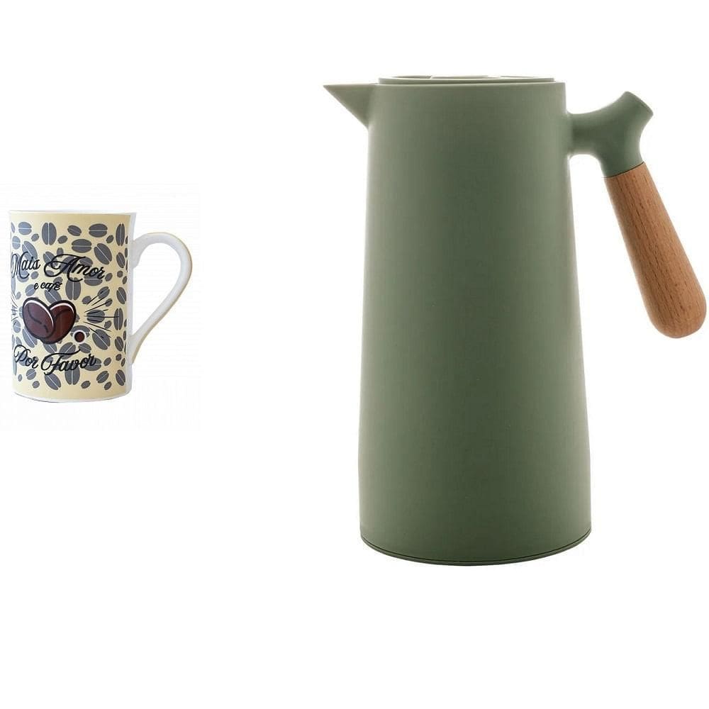 Garrafa Termica Verde Nordica 1L Cabo Madeira E Caneca